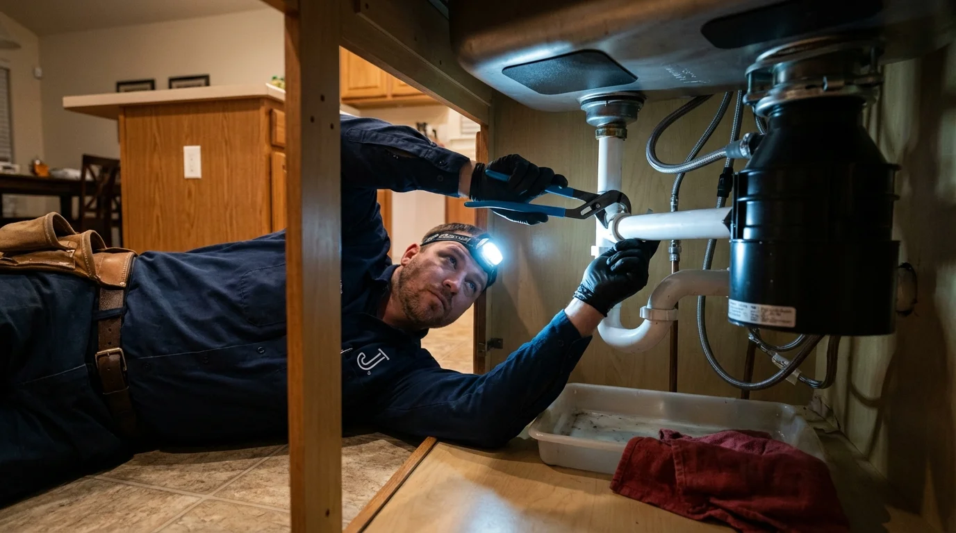 P-trap and supply line connections under a kitchen sink showing a common leak point in Mauldin, SC